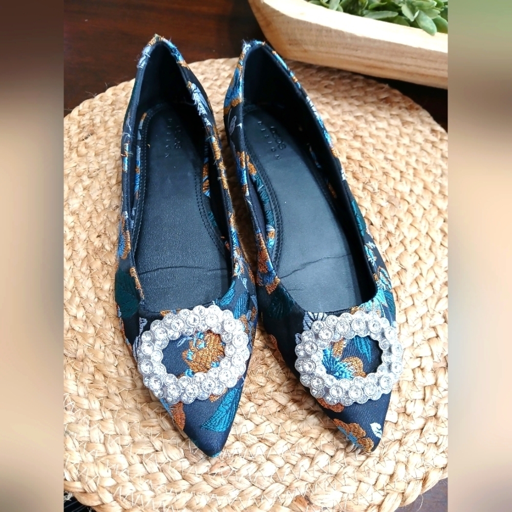 ASOS Teal & Gold Embroidered Pointed Flats with Crystal Buckle